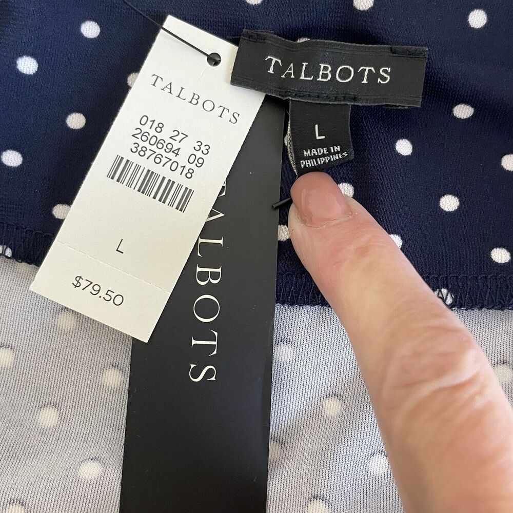 Talbots Slinky Knit A-line Skirt Size L Navy Blue Polka Dot Print 24” NEW - Picture 5 of 6